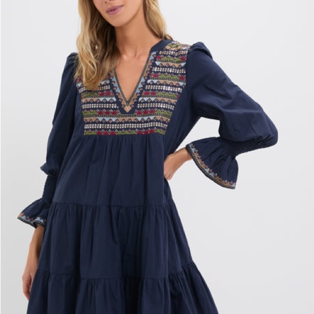 Pomander place, tuckernuck Boho Embroidered Navy Tiered V-Neck Dress